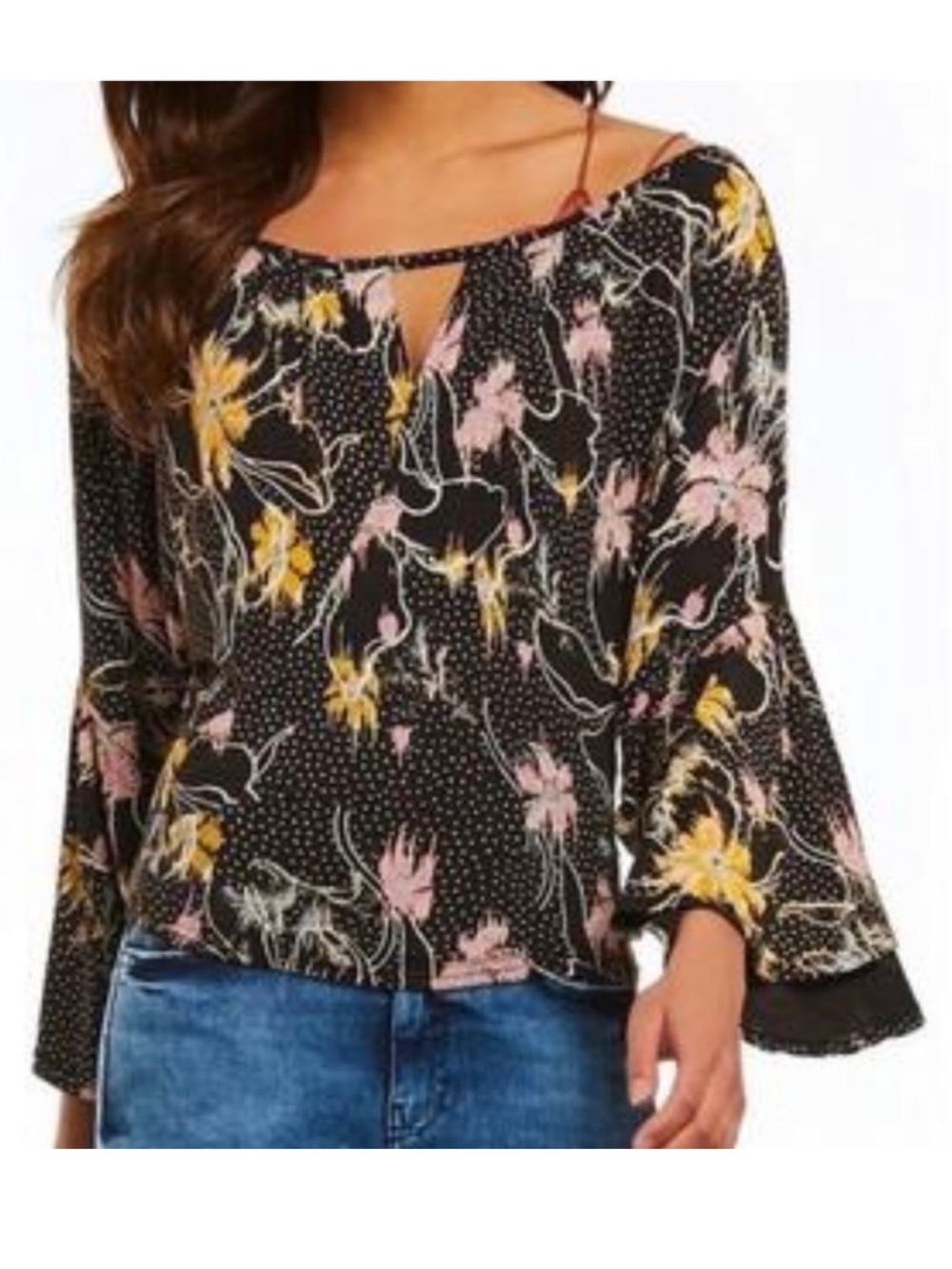 Free People Last Time Floral Bell Sleeve Blouse Top Black Combo Size Small